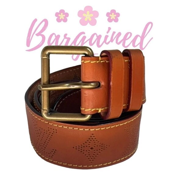 Authentic Louis Vuitton Brown Perforated Monogram Leather Gold Buckle Belt 90/36 - Picture 1 of 14